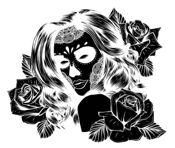 черный силуэт День мертвой сексуальной девушки с цветами, изолированными на белом - Вектор,изображение