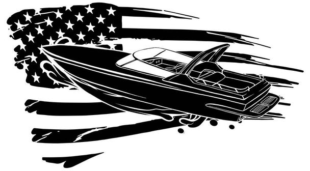 black silhouette cartoon illustration of speedboat with american flag - Vector, Image