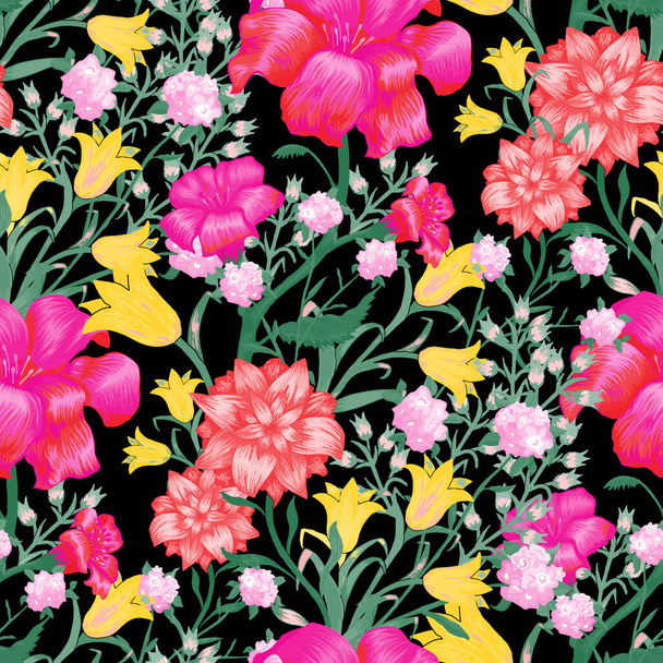 Floral Wallpaper with Big Flowers. Seamless Pattern with Fuchsia, Bluebell and May-lily for Shirt Textile Dress. Trendy Pattern. Colorful Rapport. Vector Seamless Flowers. - ベクター画像