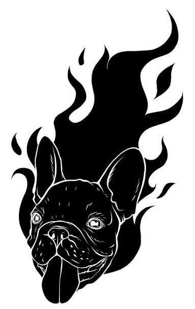 black silhouette carlino head Dog Flame Tattoo vector illustration - Vector, Image