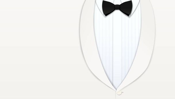 Primer plano de esmoquin blanco masculino formal clásico y corbata de lazo negro con espacio para copiar, corte de arte de papel y fondo de estilo artesanal - Vector, Imagen