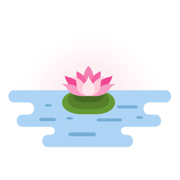 Mała lokalizacja różowy ikona lotosu w niebieskiej wodzie. Element konstrukcyjny z symbolem Lotusa. Ilustracja wektora płaskiego. - Wektor, obraz