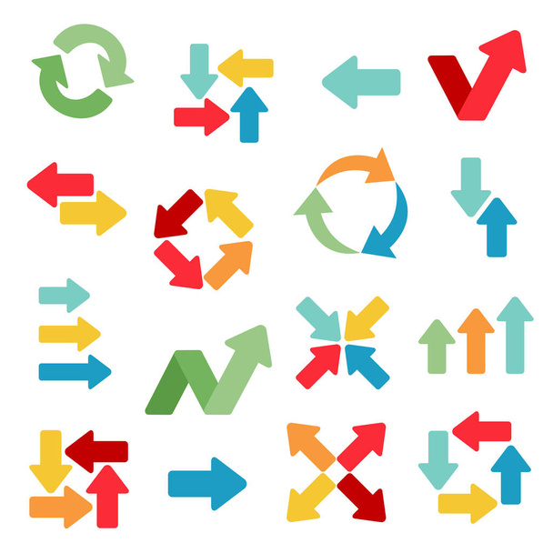 Setas web flat ícones. Cores e variantes diferentes. Conjunto de símbolos modernos coloridos. Ilustração vetorial conceitual. - Vetor, Imagem