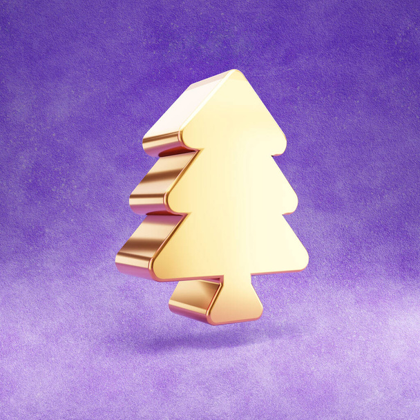 Kerstboom luchtverfrisser icoon. Gouden glanzende luchtverfrisser symbool geïsoleerd op violette fluwelen achtergrond. - Foto, afbeelding