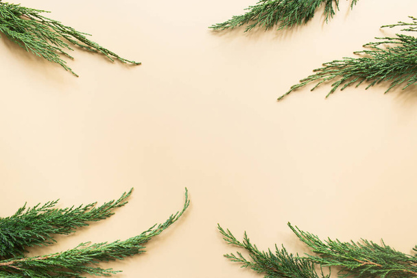 Trendy creatiove Christmas, winter, new year composition. Fir tree branches on beige background. Flat lay, top view, copy space - Fotoğraf, Görsel