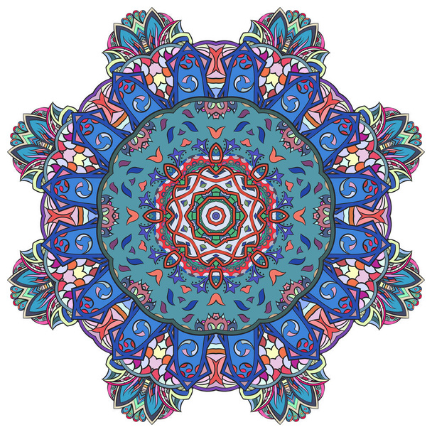 Mandala, tracery wheel mehndi design. Ethnic ornament, colorful doodle symmetry texture. Folk traditional spiritual tribal design. Curved shape, isolated on white. Color art. Vector - Вектор,изображение