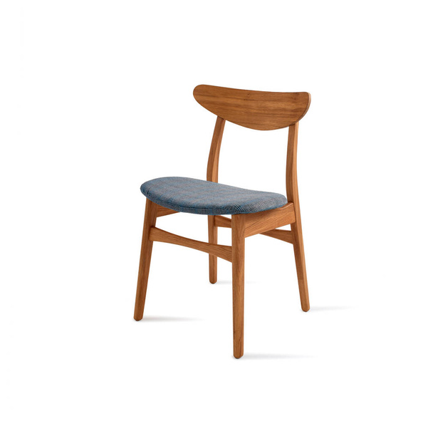 Houten stoel met blauw geruite stoffen zitting geïsoleerd op witte achtergrond. Reeks meubels - Foto, afbeelding
