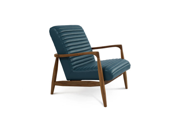 Turkoois blauw luxe lederen klassieke fauteuil met houten poten geïsoleerd op witte achtergrond. Reeks meubels - Foto, afbeelding
