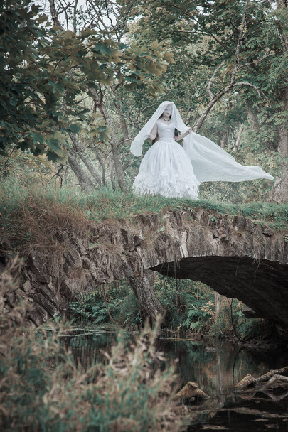 Моторошна мертва наречена стоїть на мосту на відкритому повітрі. Хеллоуїн сцена
 - Фото, зображення