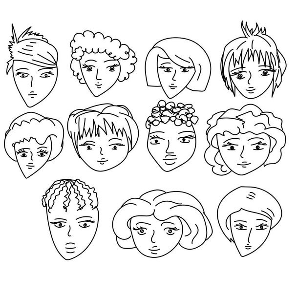Zestaw kobiece twarze z różnych fryzur, proste fryzury na różnych włosach, kontur doodle dziewcząt różnych typów, zarys wektor ilustracji  - Wektor, obraz