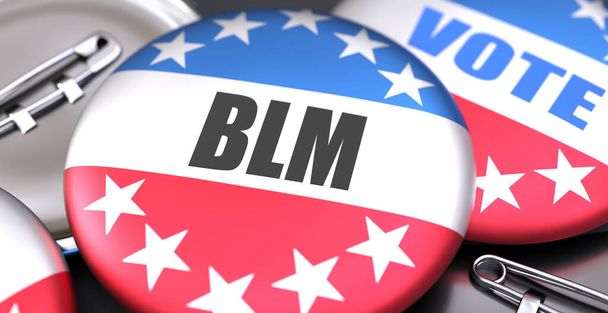 Blm e le elezioni negli Stati Uniti, nella foto come pulsanti pin-back con colori bandiera americana, parole Blm e votare, per simboleggiare che t può essere una parte delle elezioni o può influenzare il voto, illustrazione 3d - Foto, immagini