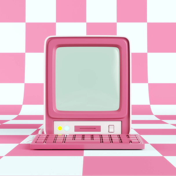 Retro-styled computer on checked background. 3d render - Photo, Image
