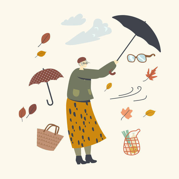 Senior Woman Hold Broken Paraplu beschermt tegen orkaan. Leeftijd vrouwelijke karakter vechten met extreem blazen wind - Vector, afbeelding