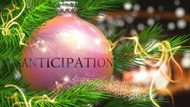 Vorfreude und Weihnachtsfeiertage, dargestellt als Weihnachtskugel mit Wort Vorfreude und magischen Strahlen, um seine Bedeutung während Weihnachten zu symbolisieren, 3D-Illustration - Foto, Bild