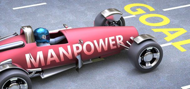 Manpower aide à atteindre les objectifs, représenté comme une voiture de course avec une phrase Manpower sur une piste comme une métaphore de la main-d'œuvre jouant un rôle essentiel dans la réussite, illustration 3D - Photo, image