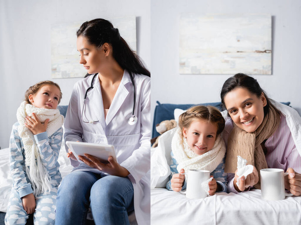 collage of smiling mother and daughter lying with cups of warm tea, and pediatrician sitting near diseased girl - Фото, зображення