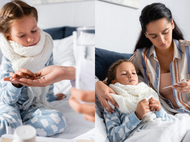 collage de la mujer mirando el termómetro y dando píldora a la hija enferma - Foto, imagen