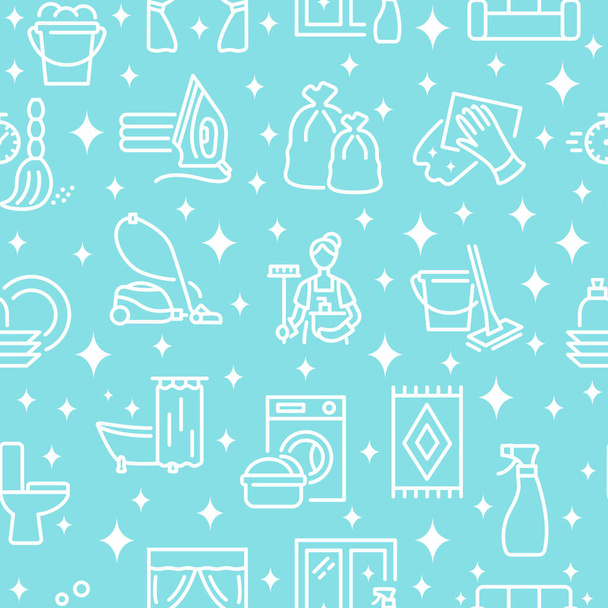 Cleaning service seamless pattern with flat line white icon on a turquoise background. - ベクター画像