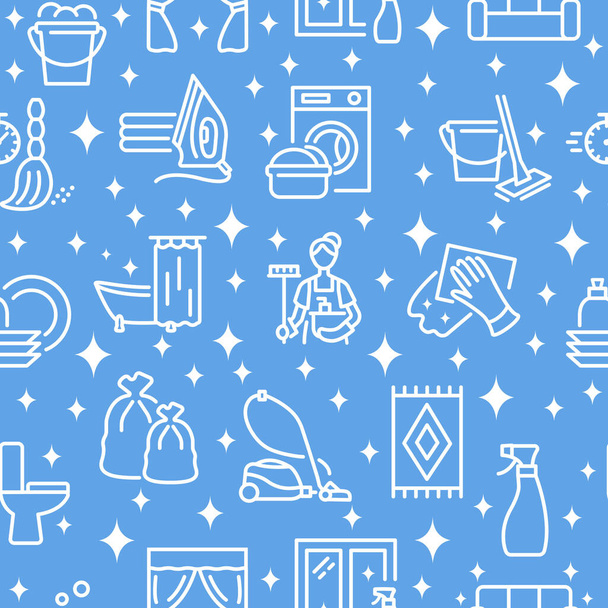 Cleaning service seamless pattern with flat line white icon on a blue background. - Вектор, зображення