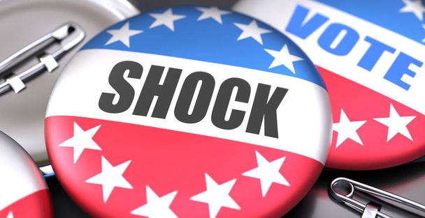 Choque e eleições nos EUA, retratado como botões pin-back com cores da bandeira americana, palavras Choque e voto, para simbolizar que t pode ser uma parte da eleição ou pode influenciar o voto, ilustração 3d - Foto, Imagem