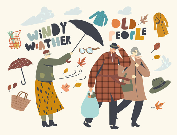Personas de la tercera edad que luchan con viento fuerte, Pareja anciana Hombre y mujer caminan en el clima ventoso, Vieja dama con paraguas destruido - Vector, imagen