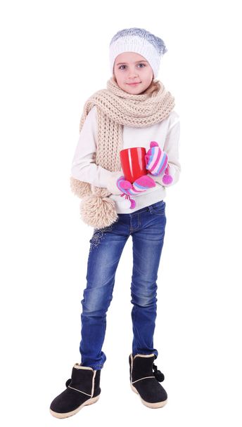 Beautiful little girl holding red cup isolated on white - Foto, Imagem