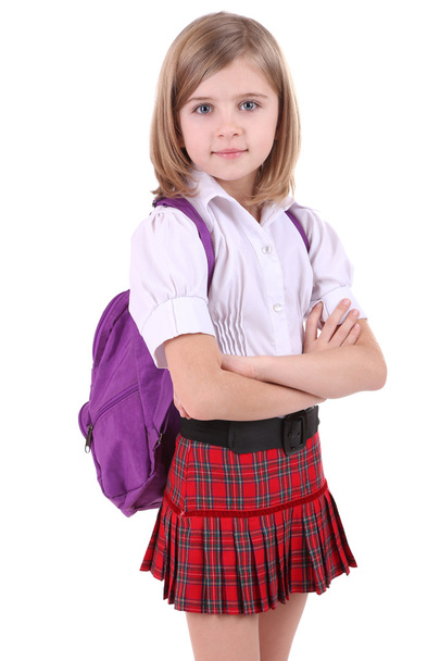 Beautiful little girl with backpack isolated on white - Фото, зображення