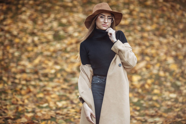 Afbeelding-opname van een jonge aantrekkelijke vrouw met een jas en vilten hoed op wazige achtergrond van gevallen bladeren in het herfstpark - Foto, afbeelding