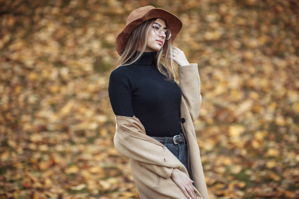 Képek egy fiatal, vonzó nőről, aki kabátot visel és kalapot érzett a lehullott levelek homályos hátterén az őszi parkban - Fotó, kép