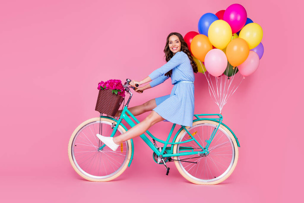 Full length body size profile side view of attractive cheerful cheery wavy-haired lady riding bike without legs delivering decoration event having fun isolated pink pastel color background - Photo, image