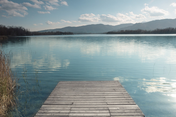 Lake Banyoles with wooden pier - Photo, Image