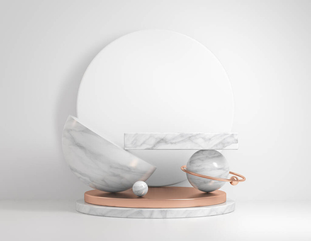 Minimal Clean Concept Art Deco Geometrie mit weißem Mable-Rechteck-Sockel und Kupfer-Metallic-Luxushintergrund 3d Render - Foto, Bild