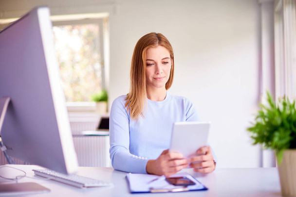 Portrait of happy young businesswoman holding digital tablet in her hands and working while sitting at office desk in front of laptop.  - Valokuva, kuva