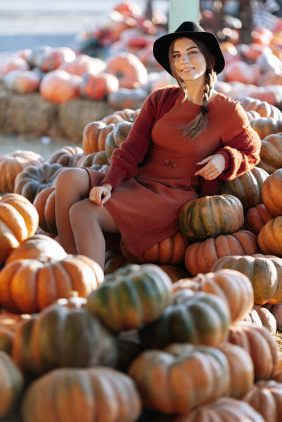 Portrait of stylish woman posing among ripe orange pumpkins on farmers market in brown sweater, dress and hat. Cozy autumn vibes Halloween, Thanksgiving day - Foto, immagini