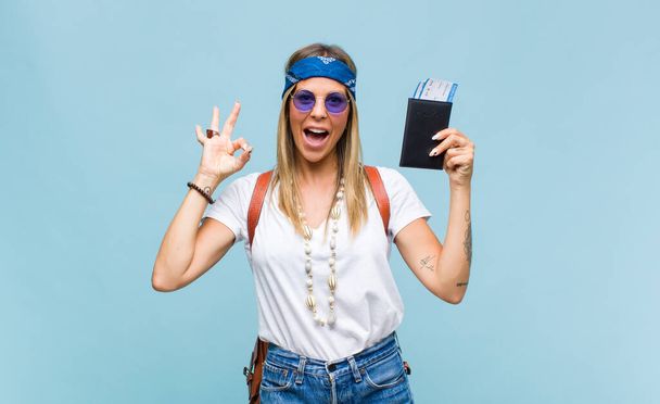 young pretty hippie woman  with a leather bag. tourist concept - Photo, Image