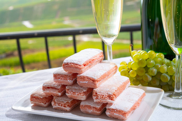 Símbolos de Reims rosa biscoitos e champanhe tradicional seco espumante e vista sobre vinhas verdes de Champagne, França - Foto, Imagem