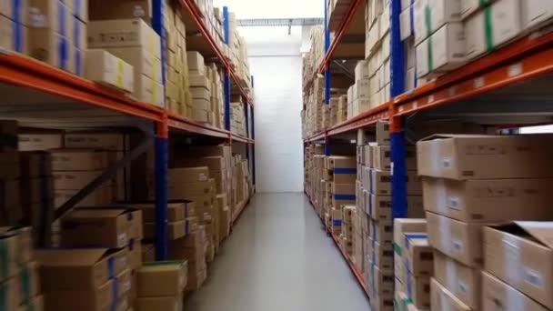 Gran almacén moderno con algunos bienes. Edificio de almacén con mercancías embaladas listo para enviar - Inglaterra, Reino Unido - 19 de septiembre de 2019 - Metraje, vídeo