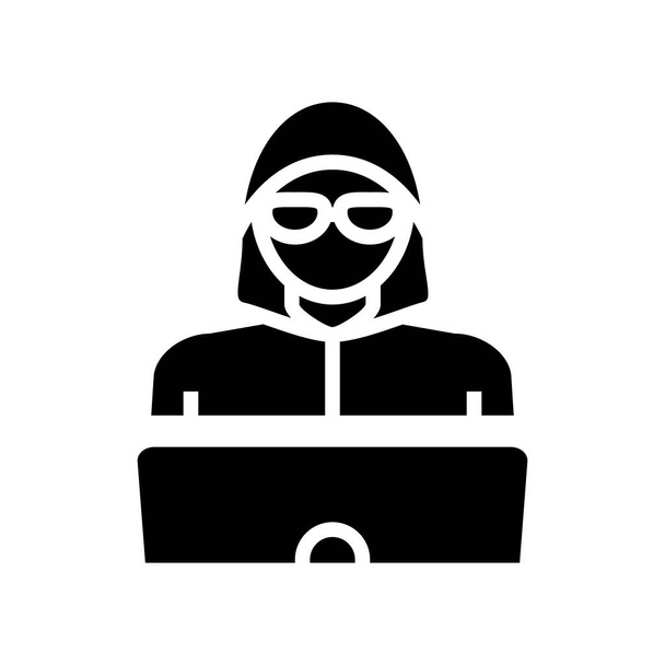 hacker dolgozik laptop glyph ikon vektor. a hacker a laptop táblánál dolgozik. elszigetelt kontúr szimbólum fekete illusztráció - Vektor, kép
