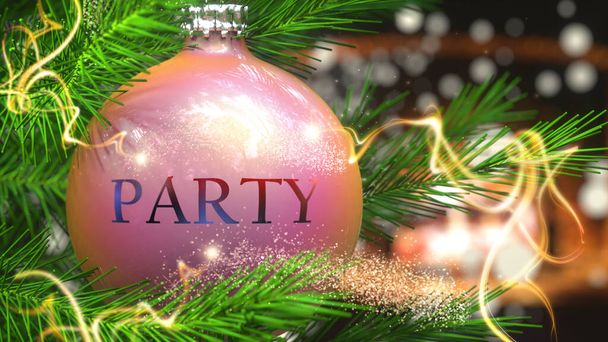 Вечірка і різдвяні свята, зображені як різдвяні прикраси м'яча з словом Партія і магічні балки, щоб символізувати зв'язок і важливість партії під час Xmas, 3d ілюстрація - Фото, зображення