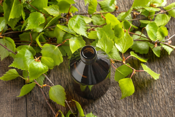 Пляшка трав'яної настойки зі свіжим березовим листям
 - Фото, зображення