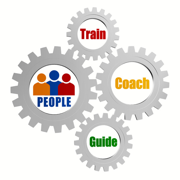 People signs with train, coach and guide in silver grey gears - Photo, Image