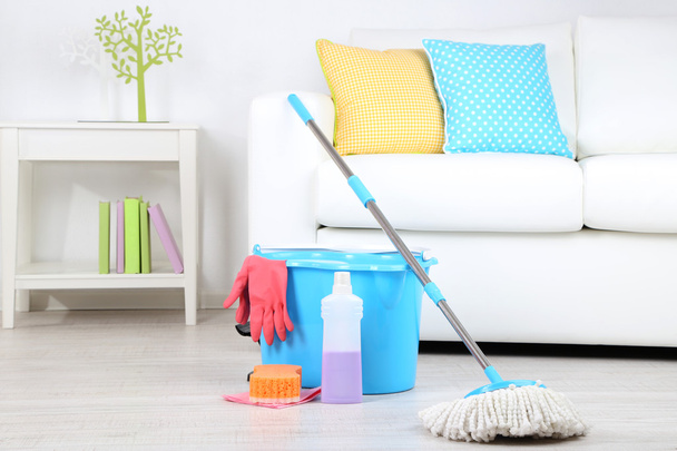 Floor mop and bucket for washing in room - Фото, изображение