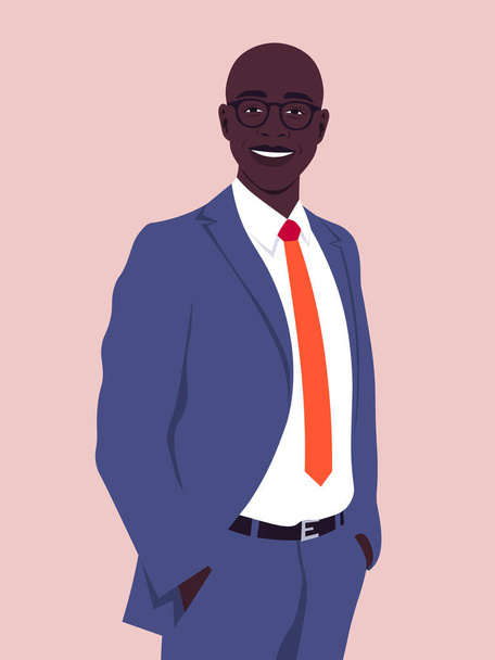Πορτρέτο ενός ευτυχισμένου Αφρικανού που φοράει επαγγελματικό κοστούμι. Επαγγελματίες γραφείου. Διανυσματική επίπεδη απεικόνιση - Διάνυσμα, εικόνα