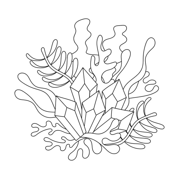 Desenho para colorir com plantas de rystals e algas. Subaquático mundo mar oceano rio. composição Doodle desenhado à mão sobre um fundo branco, Vector - Vetor, Imagem