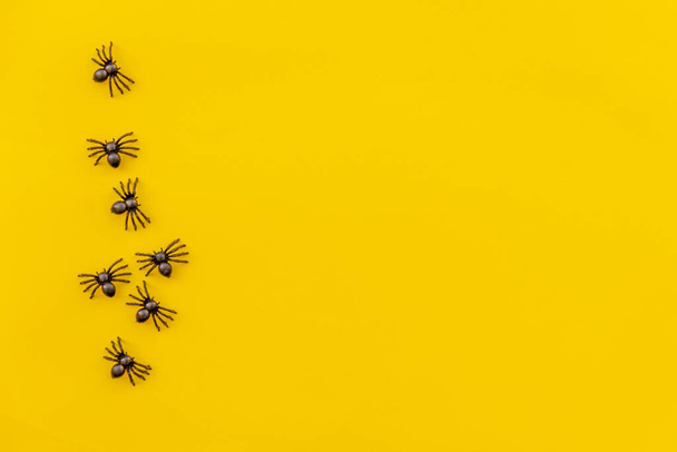 Halloween minimal decorations, composition with many black spiders isolated on yellow background. Halloween celebration trick or treat concept. Flat lay top view copy space. Banner - Photo, Image