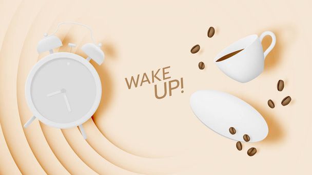 コーヒーカップと目覚まし時計とパステルカラーのスキームとコーヒーブレイクの背景 - ベクター画像