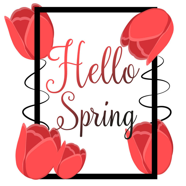 Hello Spring card. Black frame with red tulips. Spring flowers. Vector illustration - Vector, Image