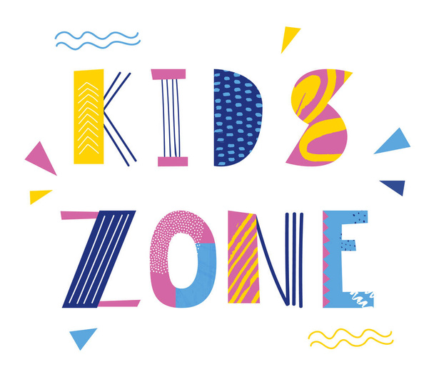 Zona para niños letras dibujadas a mano, post en redes sociales, póster, tarjeta. - Vector, Imagen