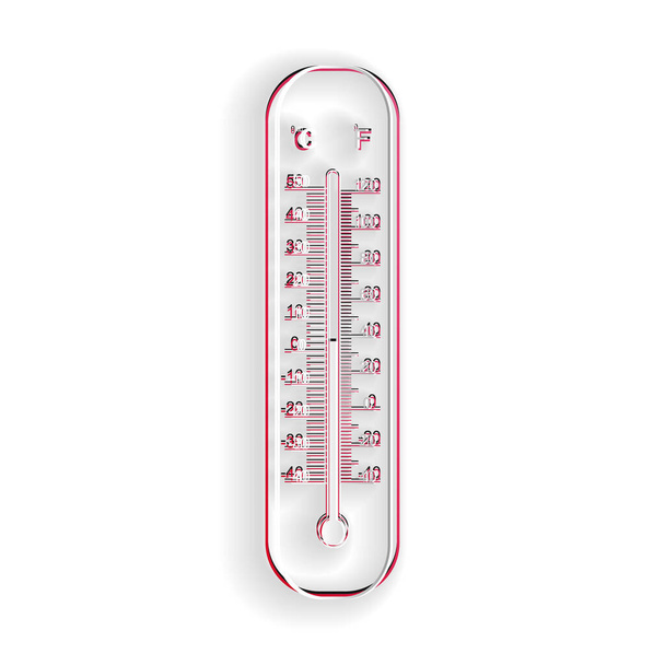 Przecięte papierem termometry meteorologiczne Celsjusza i Fahrenheita, mierzące ikonę izolowaną na białym tle. Urządzenia termometryczne pokazujące gorącą lub zimną pogodę. Papier w stylu sztuki. Wektor. - Wektor, obraz