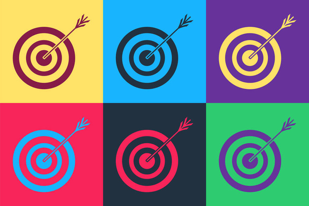 Pop Art Target mit Pfeil-Symbol isoliert auf farbigem Hintergrund. Hinweisschild. Bogenschießen Ikone. Dartscheibe. Geschäftszielkonzept. Vektor. - Vektor, Bild